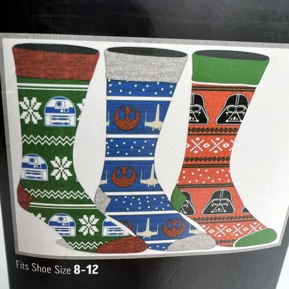 Disney Star Wars Men's Crew Socks 3 Pack Shoe Size 8-12 Bioworld Christmas Theme - Picture 8 of 12